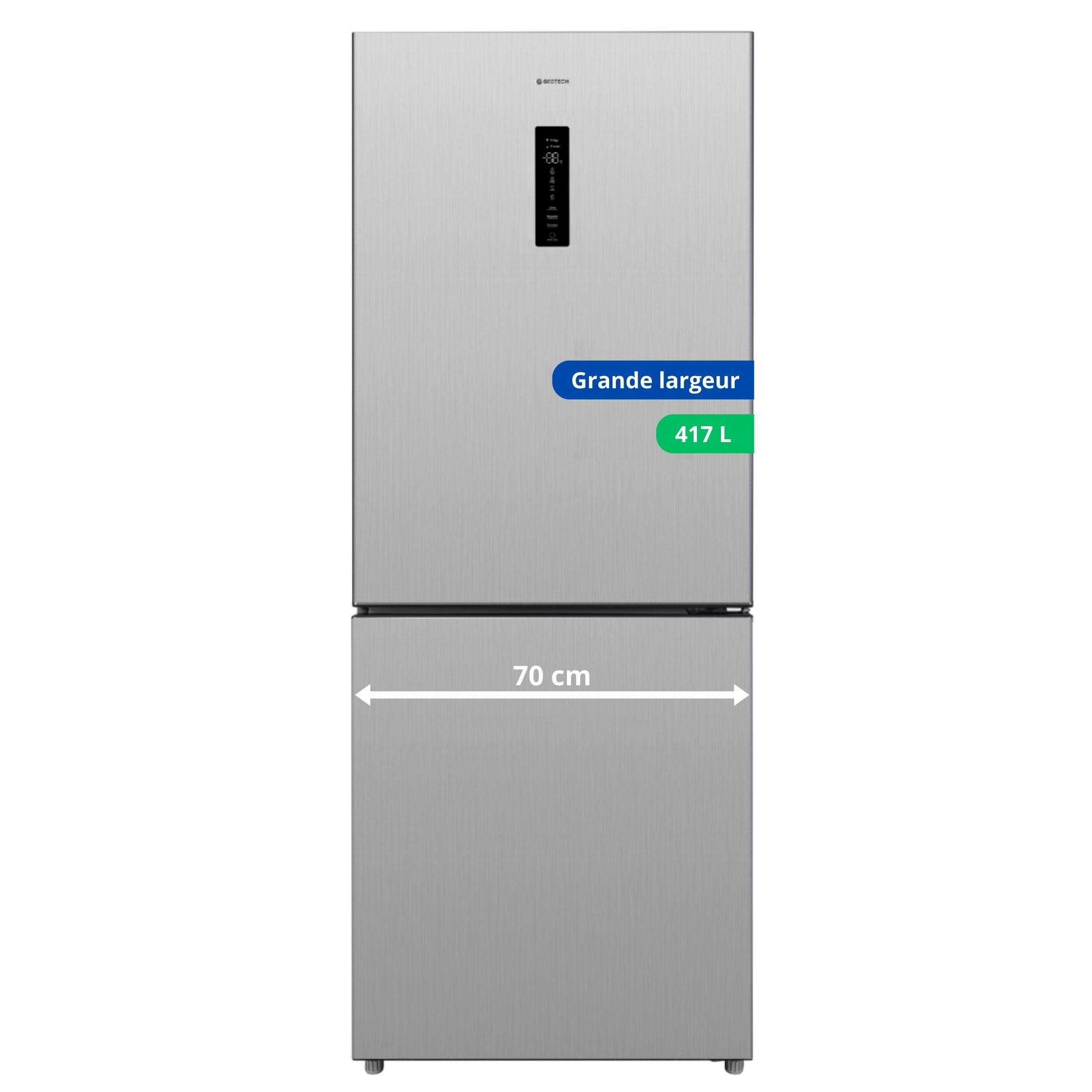 Cuissinetek Réfrigérateur combiné GCB417NFIX 417L Grande largeur 70cm - congélateur bas - No Frost - Inox