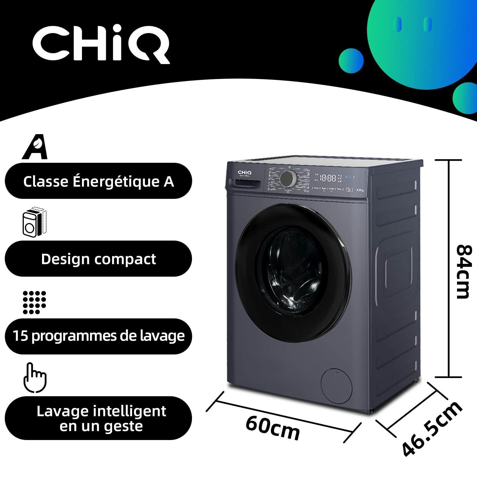 CW07123863AX Lave linge hublot - 7kg, Classe énergétique A, Moteur BLDC 1200 RPM, Lavage vapeur & rapide, 15 programmes, Design compact (60x46.5x84cm) - Gris – Image 16