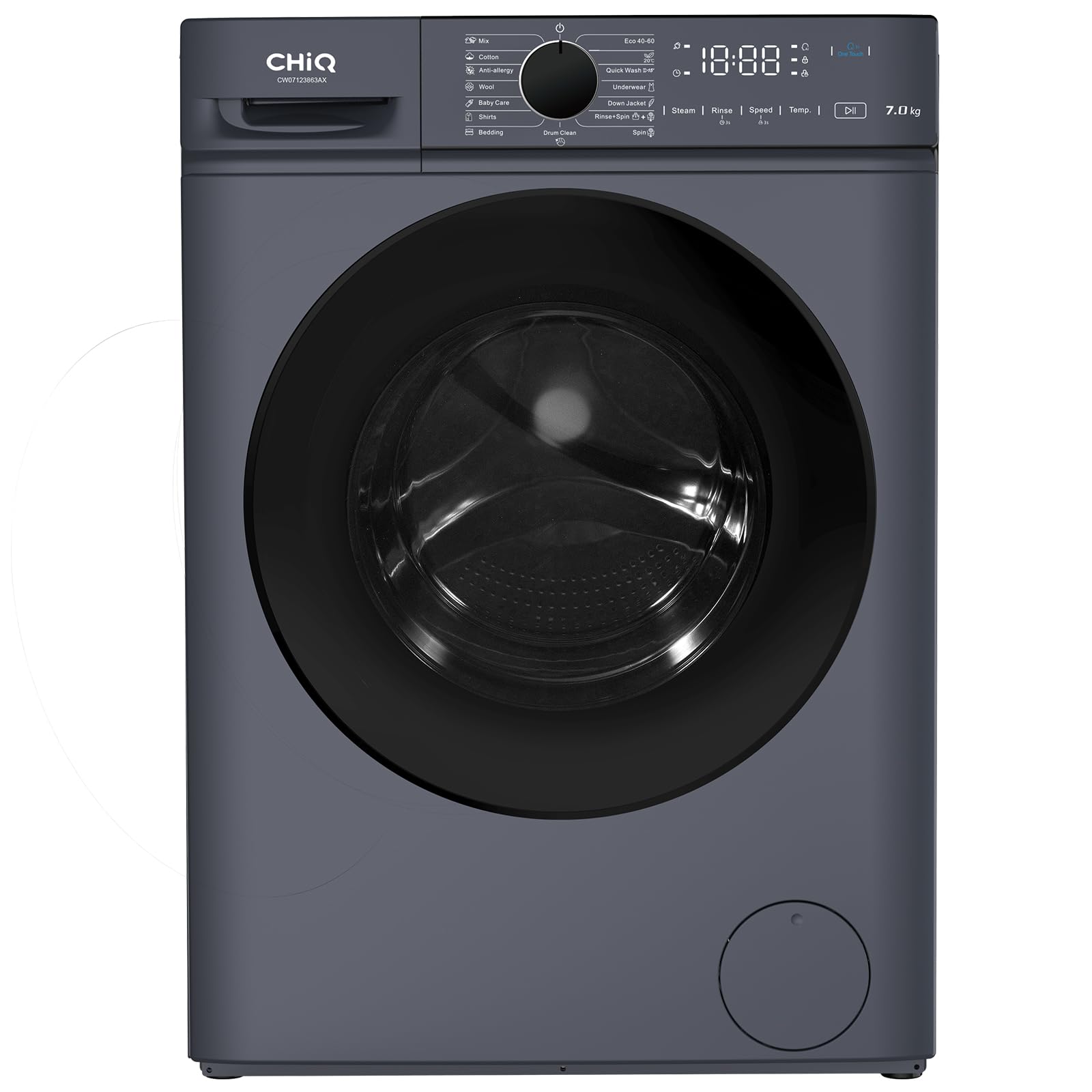 CW07123863AX Lave linge hublot - 7kg, Classe énergétique A, Moteur BLDC 1200 RPM, Lavage vapeur & rapide, 15 programmes, Design compact (60x46.5x84cm) - Gris