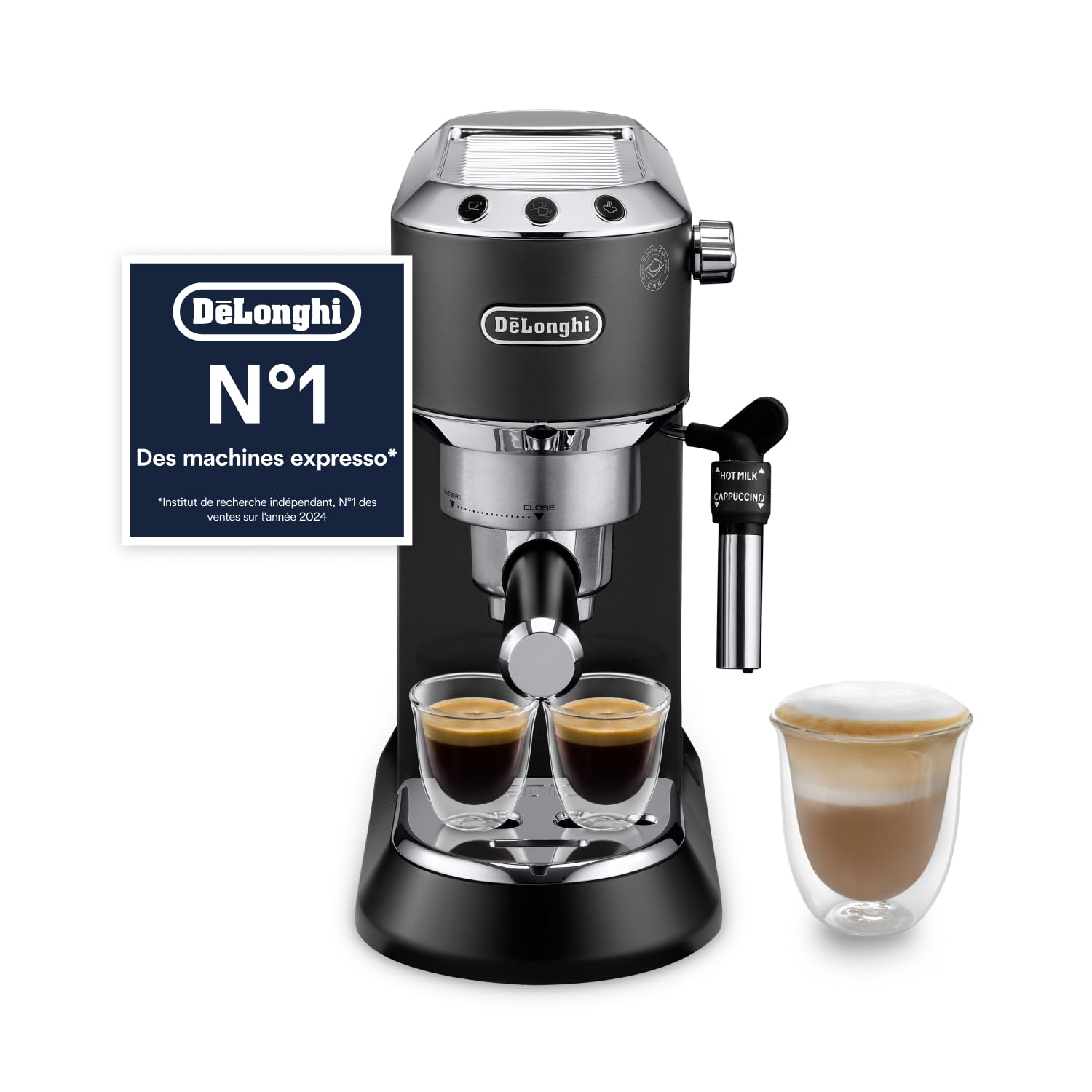 De’Longhi Dedica Style - Perfetto Machine à Expresso Compacte, Mousseur de Lait Manuel pour Expresso et Cappuccino, Compatible Dosettes ESE, Panneau de Commande à Boutons, Largeur 15cm, Noir(EC685.BK)