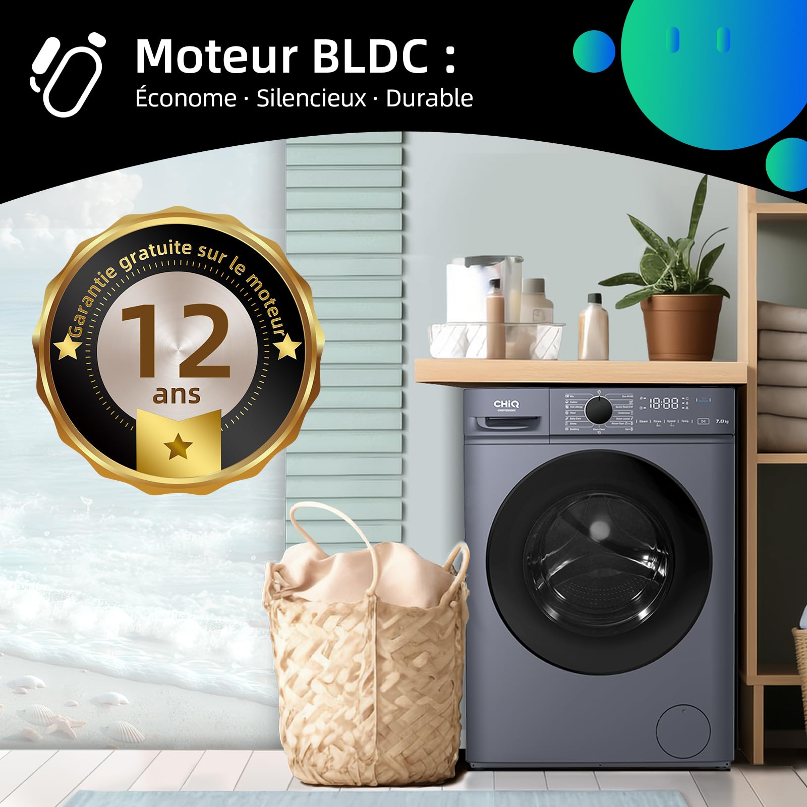 CW07123863AX Lave linge hublot - 7kg, Classe énergétique A, Moteur BLDC 1200 RPM, Lavage vapeur & rapide, 15 programmes, Design compact (60x46.5x84cm) - Gris – Image 14