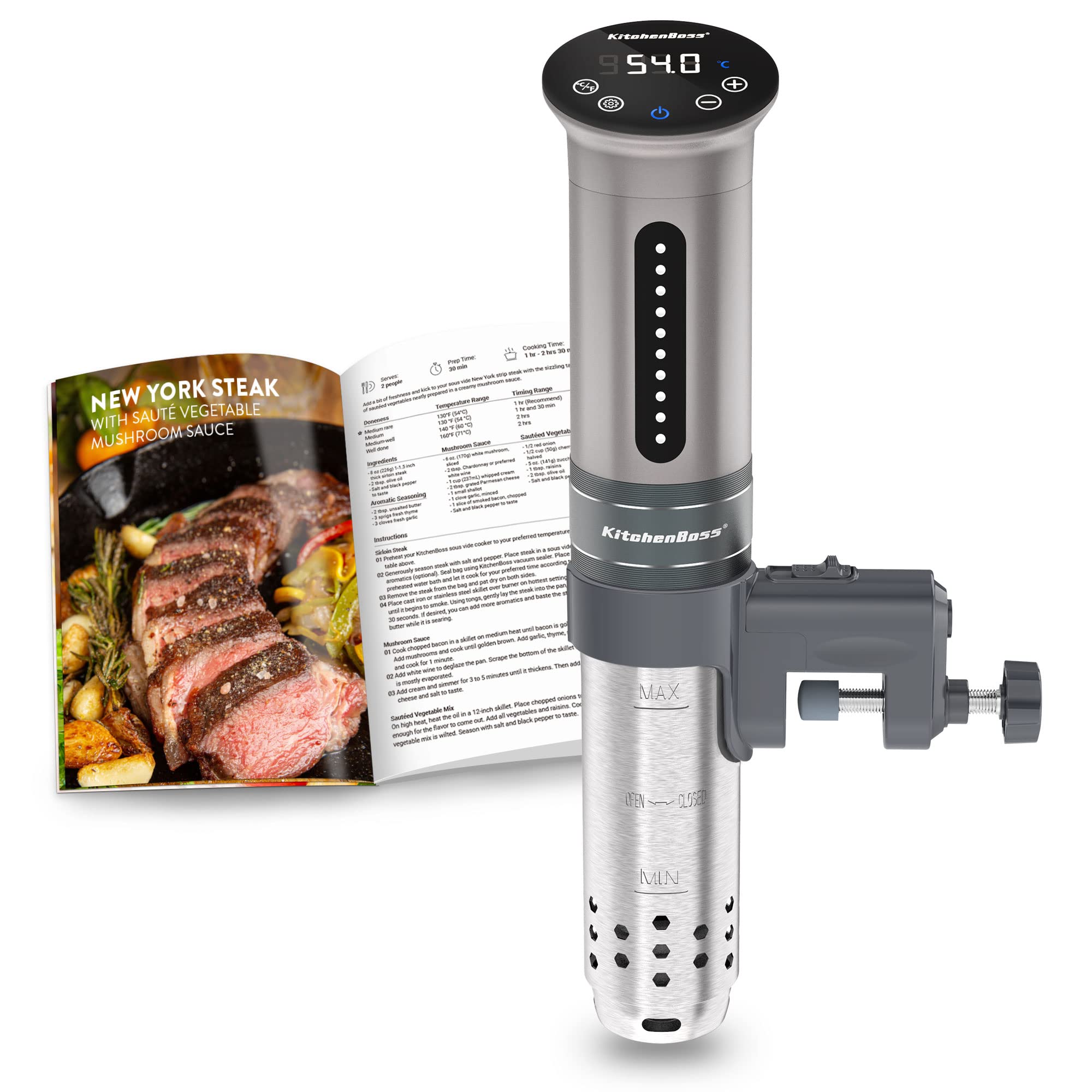 KitchenBoss Cuiseur Sous Vide,1100W,IPX7 Imperméable à l'eau,Calculateur d'Immersion de Cuisinière,Thermostat Réglable pour un Contrôle Précis de la Température