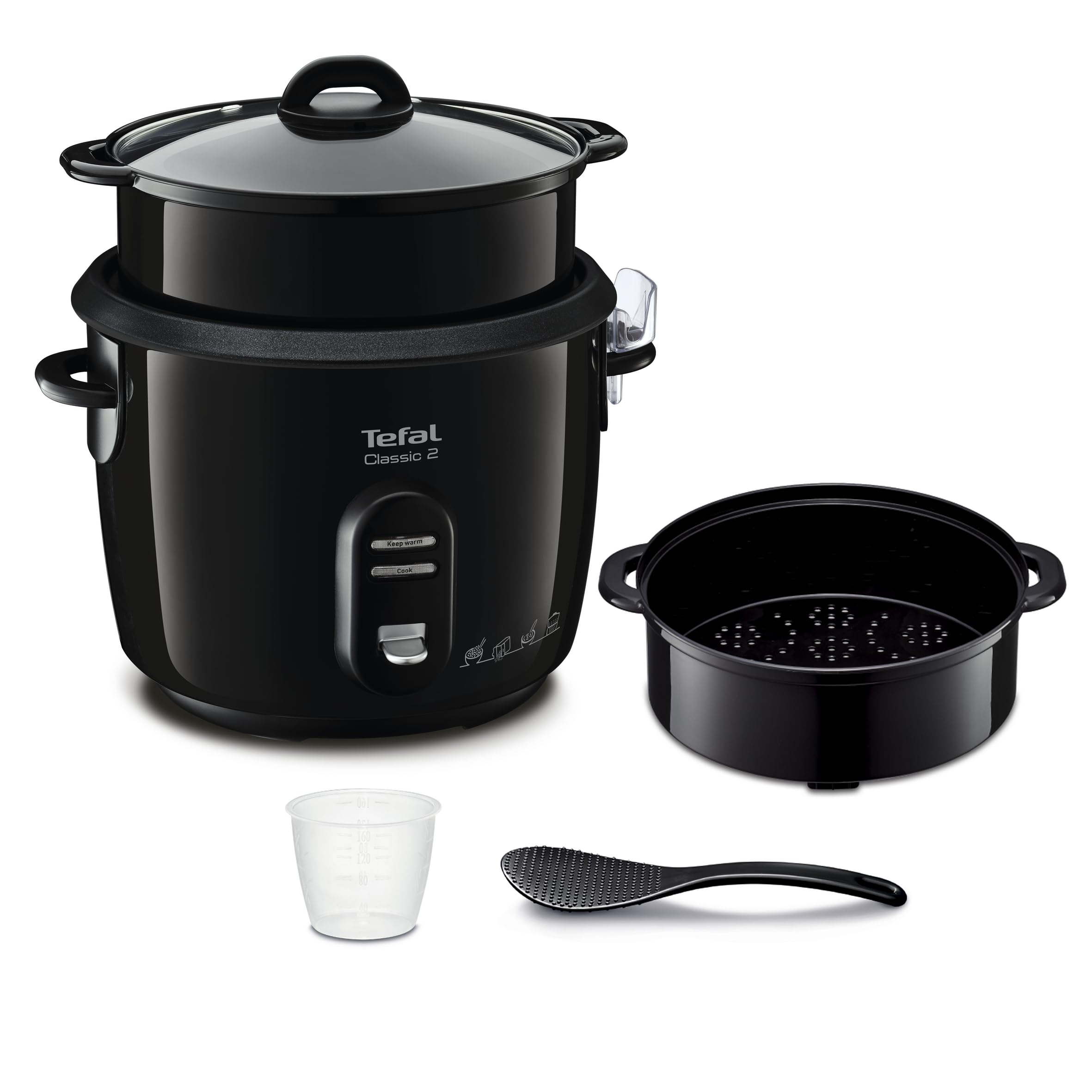 Tefal Classic 2 Cuiseur à riz, 5 L, 1,5 kg de riz, Automatique, Maintien au chaud, Sans surveillance, Cuve antiadhésive, Nettoyage facile, Panier vapeur, Noir RK103811