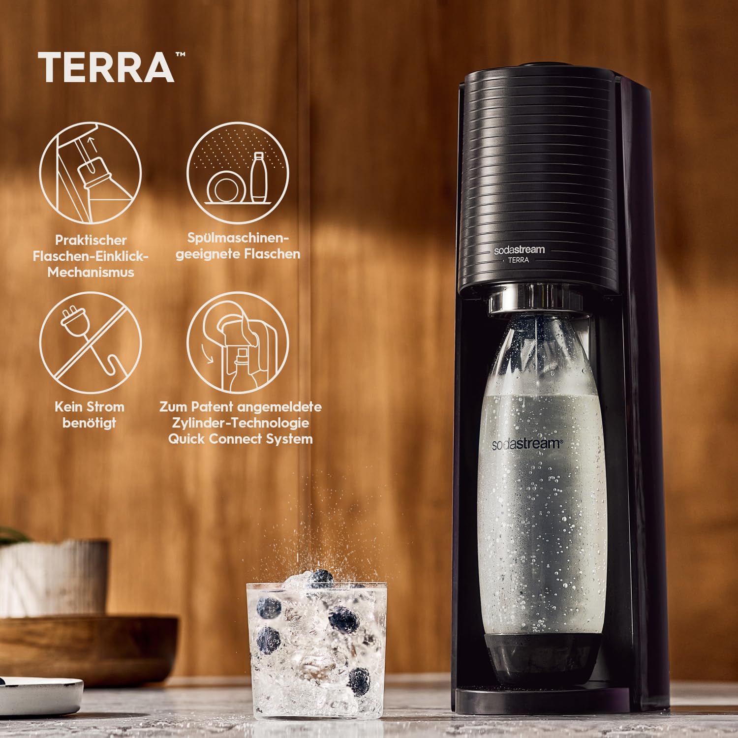 Terra – Machine à eau pétillante avec système CO₂ Quick Connect, cylindre de gaz 60L et 3 bouteilles 1L sans BPA inclus, noire – Image 7