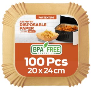 PORTENTUM Papier cuisson air fryer - 100 pièces Food-Grade BPA gratuit, 20×24 cm, adapté friteuses 5–8 L, solution idéale pour préparation saine